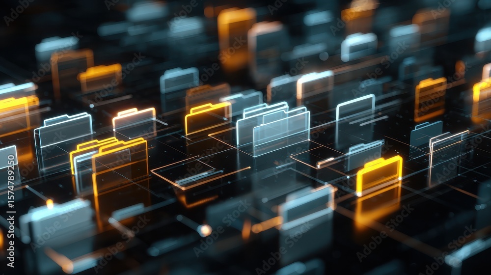 Poster abstract network grid with files and folders, futuristic software interface, digital document manage