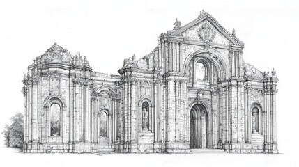 Detailed architectural sketch of a ruined cathedral