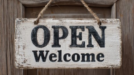 White wooden sign displaying 'Open' and 'Welcome' hangs on a cafe door
