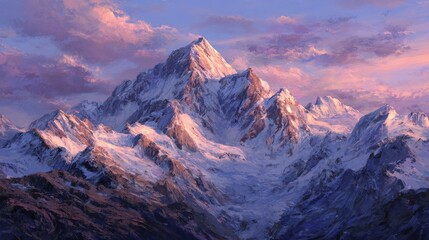 Majestic snow-capped mountains illuminated by the soft light of a beautiful sunset sky