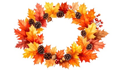 Festive Fall Wreath of Colorful Leaves, Pinecones, and Berries in Watercolor Style