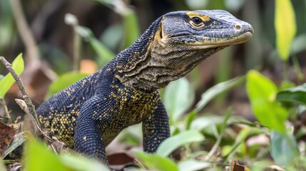 Close-up of a monitor lizard in its natural habitat.