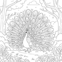 Fototapeta premium Elegant peacock with fully spread feathers in a forest — intricate cartoon line art coloring page for kids and adults featuring detailed plumage and nature background