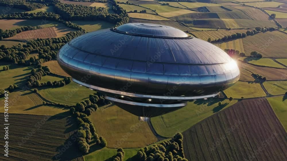 Poster aerial video shot of a futuristic ufo hovering over patchwork fields, showcasing a blend of sci-fi a