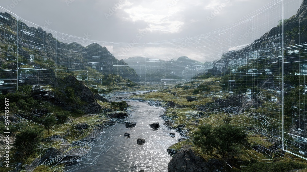 Poster a river of data flowing through a digital landscape, controlled by ai systems.