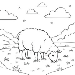 Peaceful sheep grazing at night under the stars — cute countryside animal coloring page for kids with grass, clouds, and a starry sky