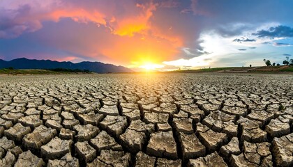 Sunset over Dry Cracked Earth Landscape