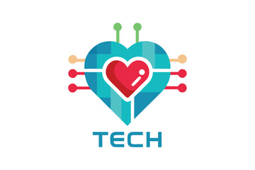 Heart shaped technology logo with circuitry and tech text