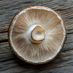 Close-up of sliced mushroom cap on wooden surface with copy space