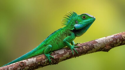 Emerald green water dragon perched on a branch displays vibrant scales and spiky crest against a blurred tropical background.