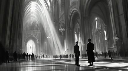 Grand cathedral interior, light streaming in, people gathered