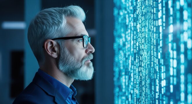 A focused man with glasses and a beard examines a glowing blue screen displaying abstract digital data and code