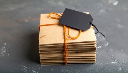 Stacked Kraft Paper Mockup with Stitched Orange Cord and Blank Tag