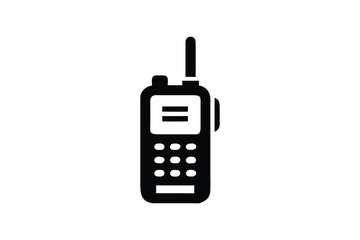 Professional Black and White Icon of a Handheld Two-Way Radio Transceiver,  Illustrating Clear Communication and Reliable Technology for Security, Emergency Services, or Industrial Applications.
