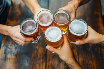 Group of friends toasting with beer mugs celebrating together at a wooden table