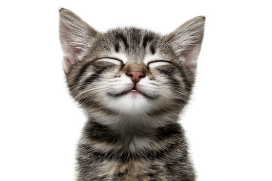 Smiling tabby kitten with eyes closed isolated on transparent background