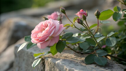 Delicate pink rose bloom with buds and green leaves on a stone surface