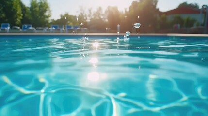 Close-up view of a pool, ripples and splashes. Sunlight reflecting on the water
