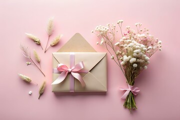 Elegant gift envelope tied with pink ribbon beside delicate baby breath flowers and dried grasses