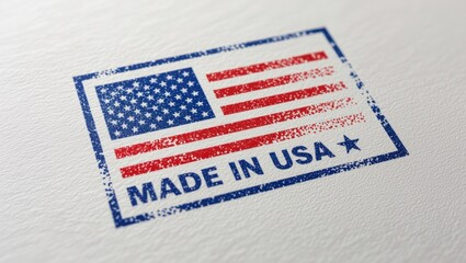 Illustrative United States flag on white surface with text stating Made in USA for product authenticity and promotion