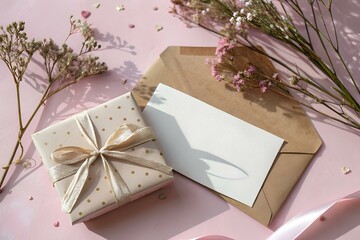 Elegant gift box with dried flowers and envelope on pink background