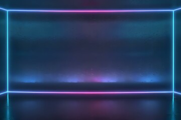 Futuristic neon lighted room with blue and pink glow and reflective surface