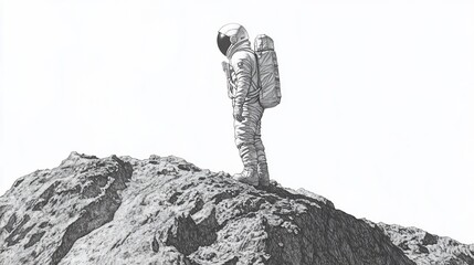 Solitary astronaut on rocky peak, gazing at vast expanse