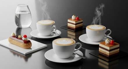 Fototapeta premium Steaming Cappuccinos & Exquisite Pastries: A Luxurious Coffee Break Still Life