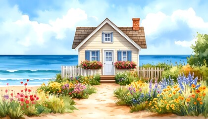 Picturesque Beachfront House with Blooming Flowers and Blue Sea in Watercolor Art