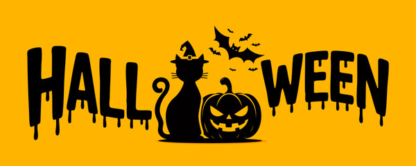 Halloween party invitation card. Halloween vector background design. Happy Halloween greeting card, banner, poster, card. Holidays cartoon character. Halloween flyer. Orange background with black bat