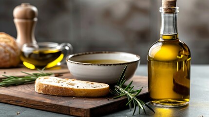 Golden olive oil presentation with crusty bread, rosemary and a pepper grinder evoking Italian culinary traditions and rustic charm.