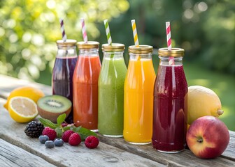 Assortment of freshly squeezed juices in glass bottles with fruits on rustic wood