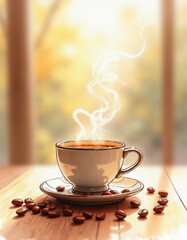 A cozy warm morning cup of coffee with delicate gold-rimmed teacup, roasted beans and autumn sunlight on a wooden table, capturing calm, tranquility and vintage elegance