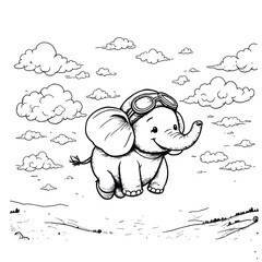Skyward Safari  Cartoon Elephant with Aviator Goggles Soaring through Fluffy Clouds above a Scenic Tree-Lined Landscape in Whimsical Style
