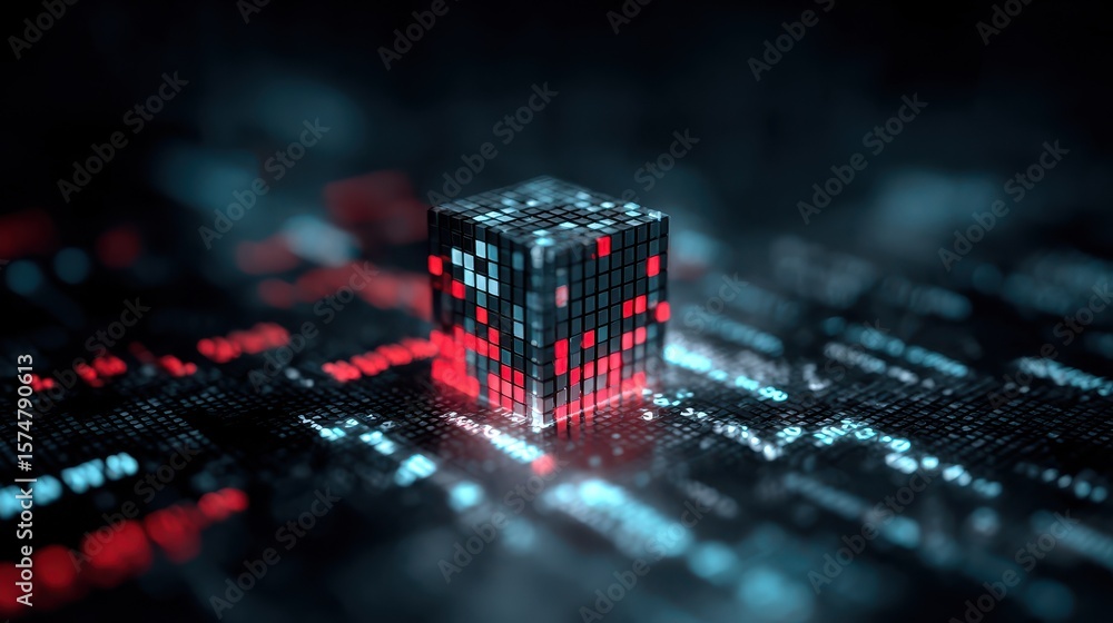 Poster a background consisting of a neon cube and data stream, generated using stock and incorporating elem