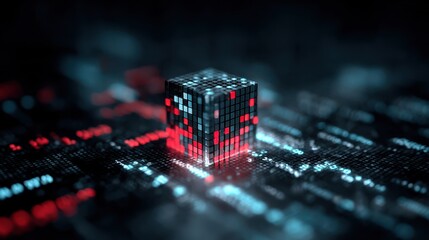 A background consisting of a neon cube and data stream, generated using stock and incorporating elements of technology, virtual reality, and blockchain