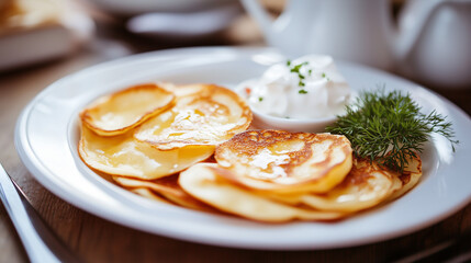Plate of cheese pancakes served with sour cream and herbs  