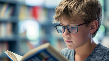 Young boy wearing glasses reading a book in a library setting  