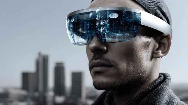 Augmented reality AR glasses showing AI overlays while walking through smart city with real time directions face recognition and data visualization against an urban tech skyline