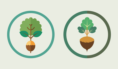 Two stylized illustrations of plants inside teal and green circles on a beige background