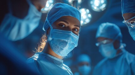 Concentrated female surgeon performing surgery with her team in a hospital operating room, wearing scrubs and a surgical mask.