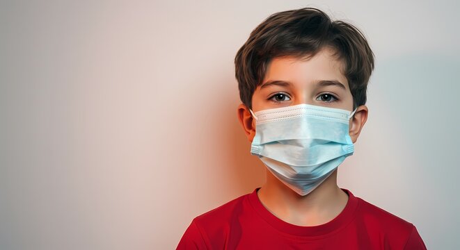 Young Boy in Red Shirt Wearing Protective Face Mask - Powered by Adobe