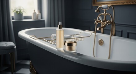 Luxury skincare products on a tray in a classic style bathroom.
