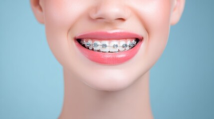 Fototapeta premium Cropped portrait of young woman smiling with dental braces showing natural beauty and healthy teeth orthodontic treatment concept for dental care hygiene medicine and modern healthcare promotion
