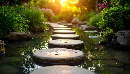 Stone Pathway Across Still Water in a Serene Garden
