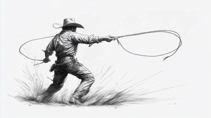 Cowboy roping in action.  Dynamic drawing of a cowboy expertly throwing a lasso