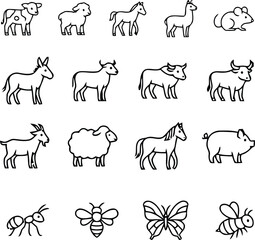 Animal Silhouette Grid  Monochrome Line Icons Depicting Farm Animals, Insects, and Equines in a Clean 4x4 Composition for Thematic Use