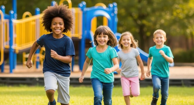 A diverse group of happy children run and play together on a sunny day at a playground
