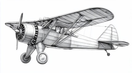 Detailed pencil sketch of vintage biplane aircraft