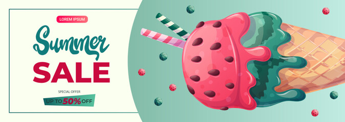 Promo banner with watermelon ice cream in a waffle cup. The concept of summer, summer sale. Vector illustration for posters, banners, advertisements, flyers
